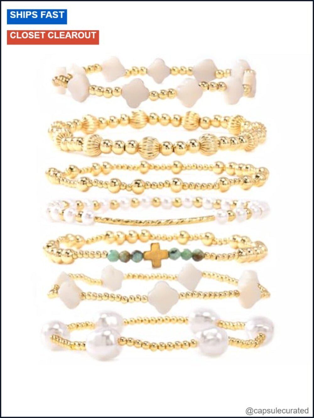 Dainty Cross Clover Gold Plated Beaded Pearl Stretch Bracelet Stack Boho